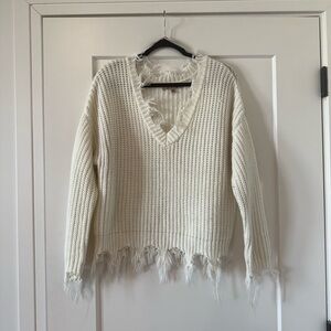 Love Tree Cream V-Neck Sweater with Frayed Hem